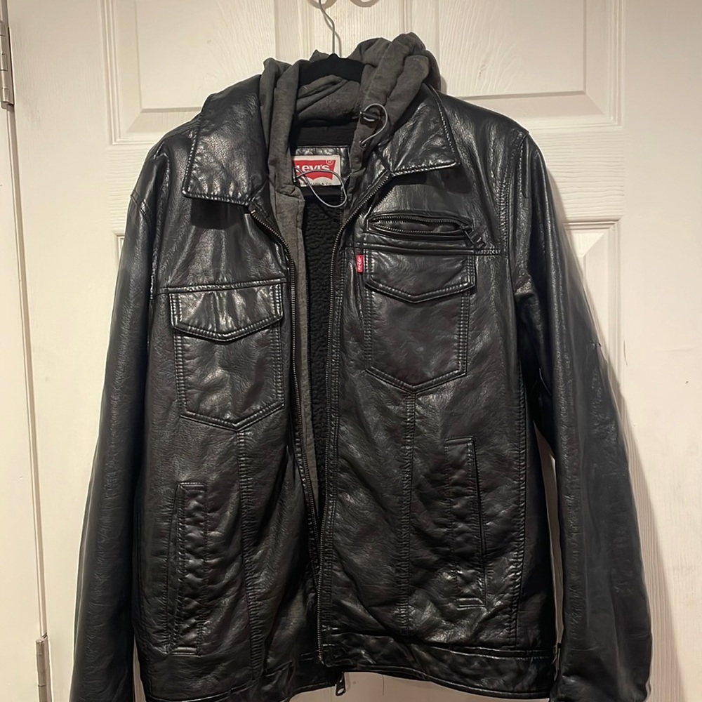 Levi’s medium black leather jacket with hood